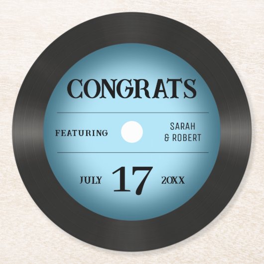 Retro Blue Vinyl Record Hochzeitsgratulation Runder Pappuntersetzer (Vorderseite)