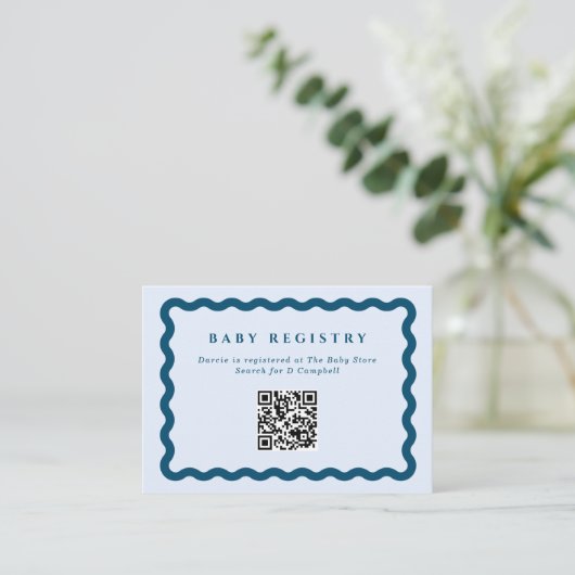 Retro Blue Wavy Frame Baby Registry QR Code Begleitkarte (Stehend Vorderseite)