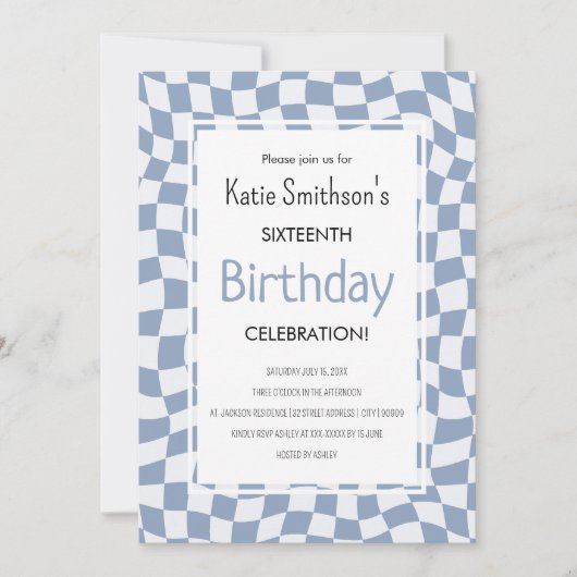Retro Blue Wavy Karo Geburtstag Einladung (Vorderseite)
