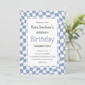 Retro Blue Wavy Karo Geburtstag Einladung (Stehend Vorderseite)