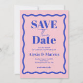 Retro Blue Wavy Squiggle Foto Wedding Save The Date (Vorderseite)