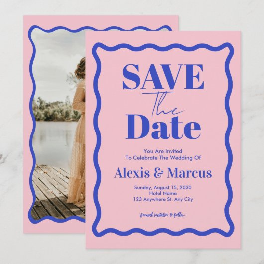 Retro Blue Wavy Squiggle Foto Wedding Save The Date (Vorne/Hinten)