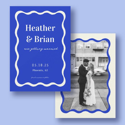 Retro Blue Wavy Squiggle Foto Wedding Save The Date