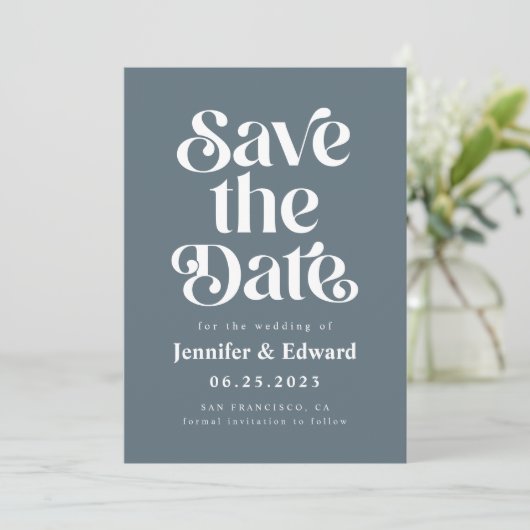 Retro Blue Wedding Save The Date (Stehend Vorderseite)