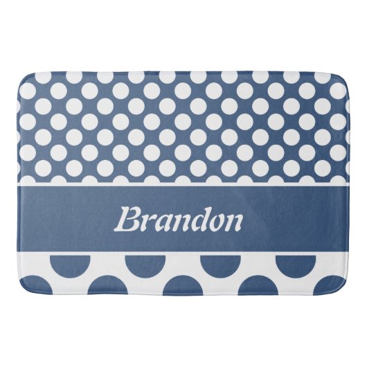 Retro Blue & White Polka Dot Name Badematte (Vorderseite)