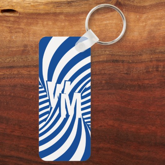 Retro Blue White Psychedelic Spiral Mit Monogramm Schlüsselanhänger (Rückseite)