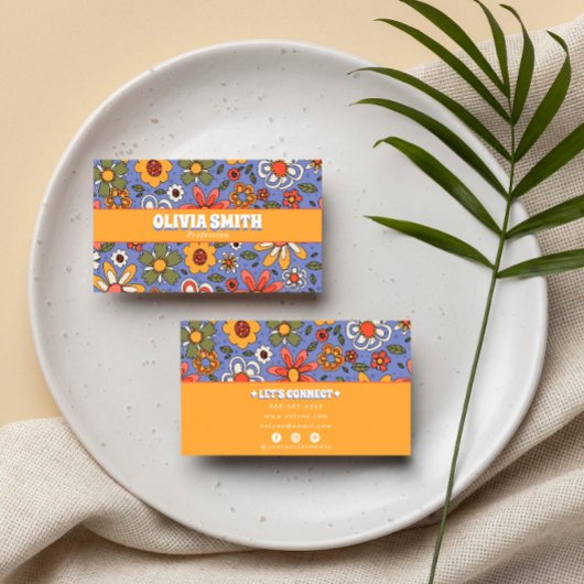 Retro Blue Yellow Boho Groovy Floral 70er Trendy Visitenkarte