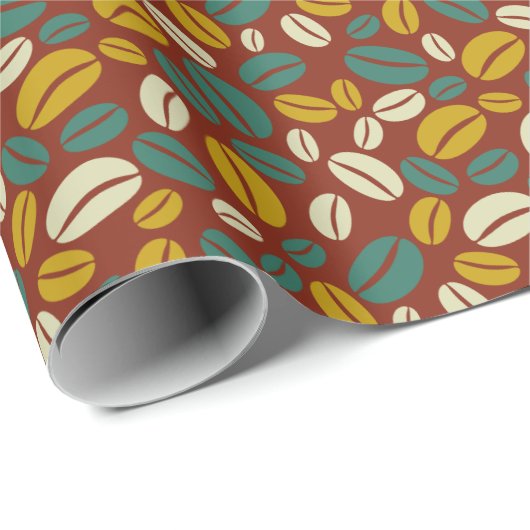 Retro Blue Yellow Brown Java Coffee Boans Muster Geschenkpapier (Rolleneckpunkt)