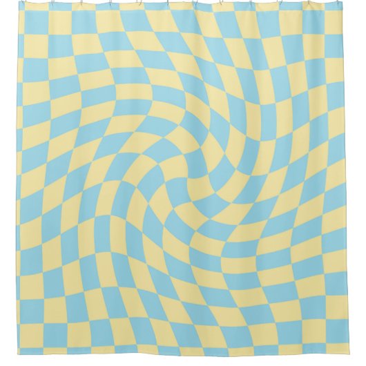 Retro Blue Yellow Pastor Warped Checkerboard Duschvorhang (Vorderseite)