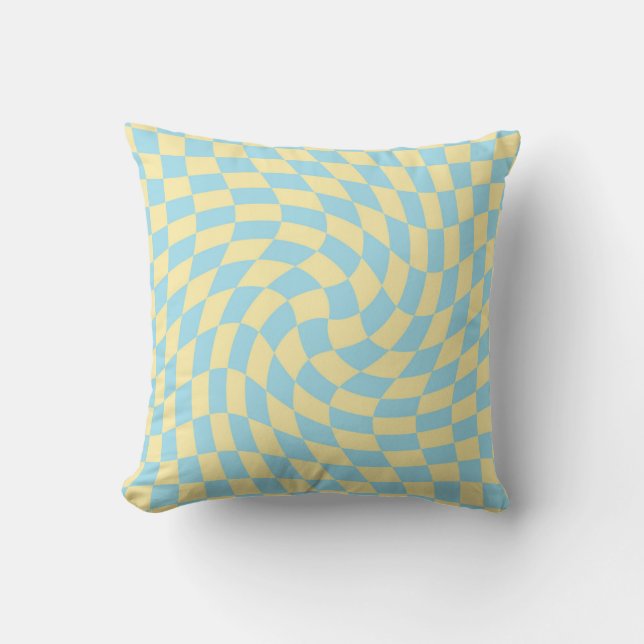 Retro Blue Yellow Pastor Warped Checkerboard Kissen (Vorderseite)