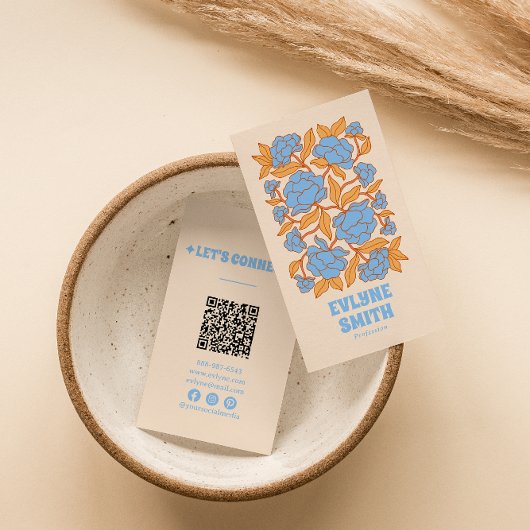 Retro Blue Yellow QR Code Groovy Floral Funky Boho Visitenkarte