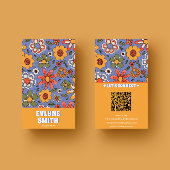 Retro Blue Yellow QR Code Groovy Floral Trendy Visitenkarte
