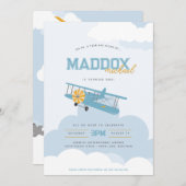 Retro Blues Flugzeit Fliegt zum ersten Geburtstag Einladung (Vorne/Hinten)