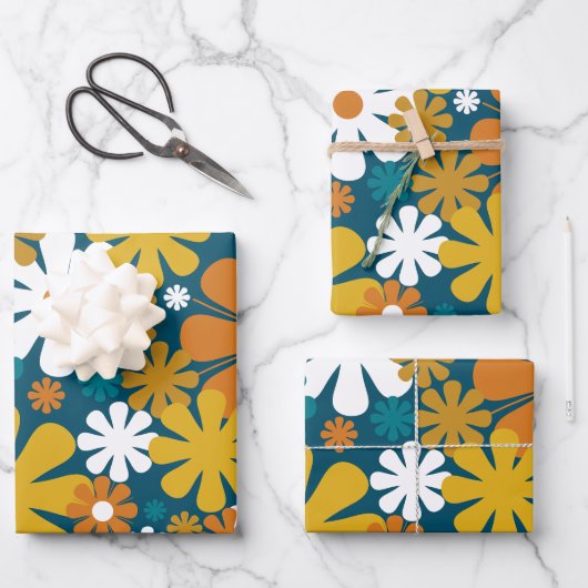 Retro Blume 60er 70er Ästhetisches Blumenmuster Geschenkpapier Set (Vorderseite)