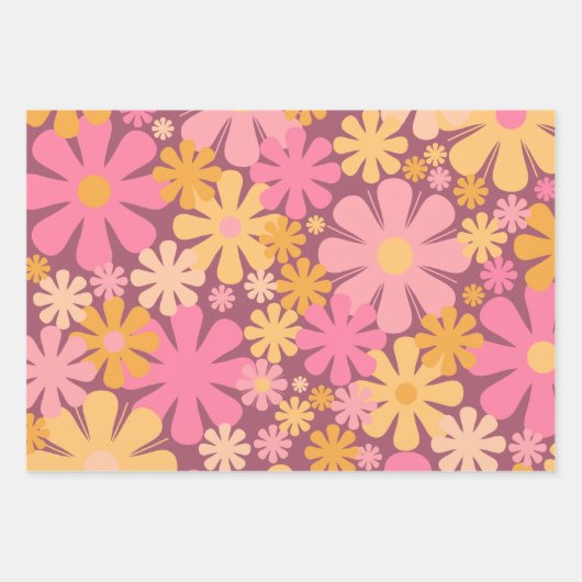 Retro Blume 60er 70er Ästhetisches Blumenmuster Geschenkpapier Set (Vorderseite)