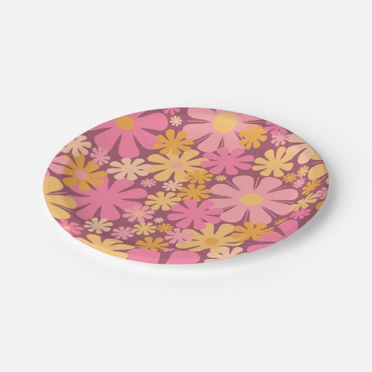 Retro Blume 60er 70er Ästhetisches Blumenmuster Pappteller (Schrägansicht)