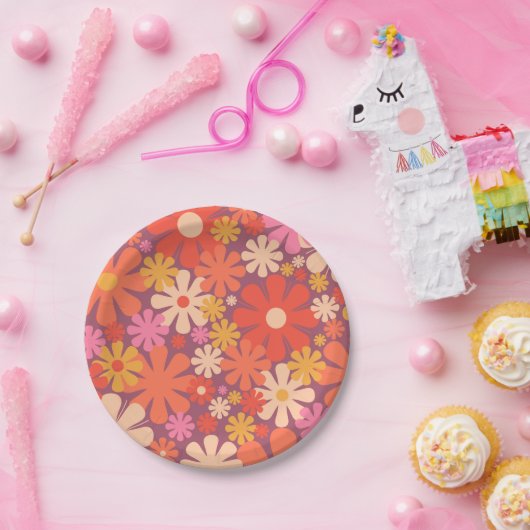 Retro Blume 60er 70er Ästhetisches Blumenmuster Pappteller (Party)