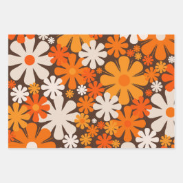 Retro-Blume 60er 70er Blumenmuster braune Orange Geschenkpapier Set