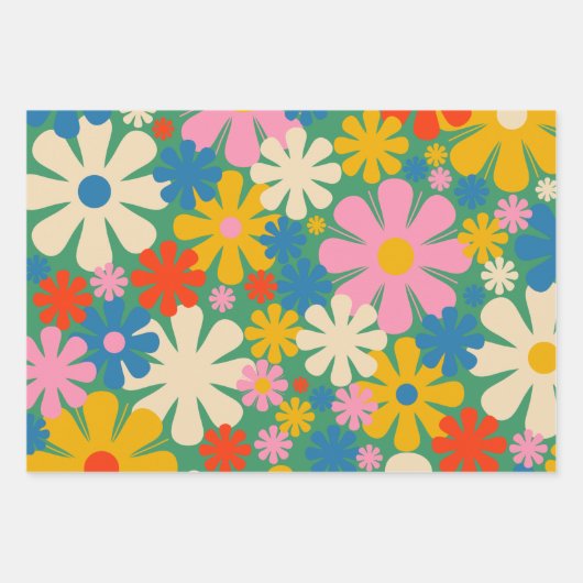 Retro Blume 60er 70er Farbige Blumenmuster Geschenkpapier Set (Vorderseite)