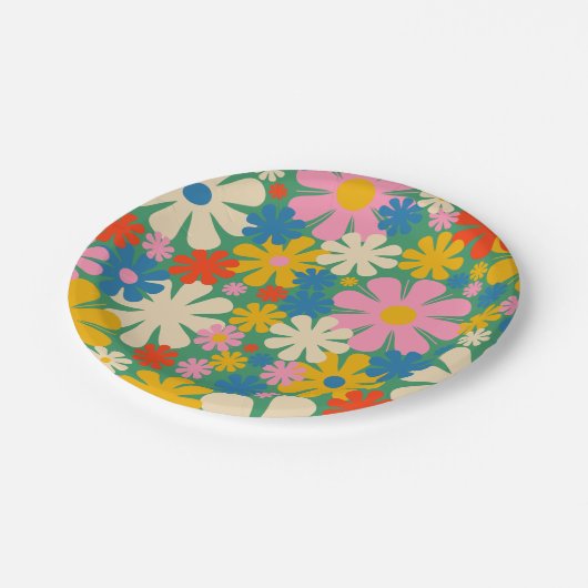Retro-Blume 60er 70er Farbiges Blumenmuster Pappteller (Schrägansicht)