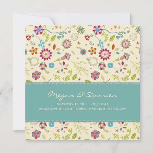 Retro-Blume ・ Aquamarin ・ Save the Date Karte (Vorderseite)