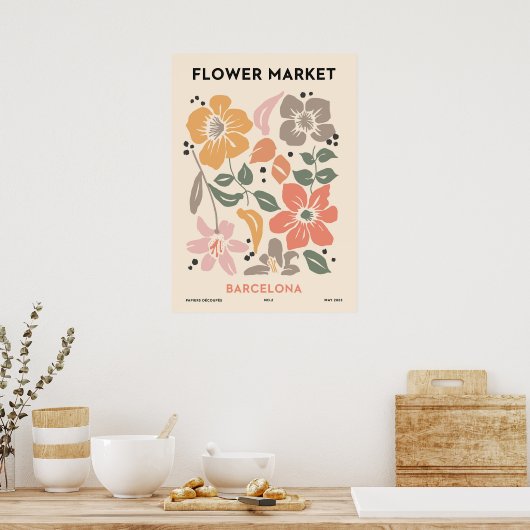 Retro Blume Barcelona Farbenfrohe Blumen Poster (Küche)