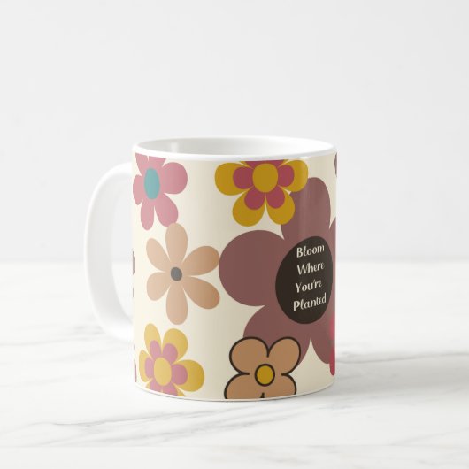 Retro-Blume "Bloom where you are Planted" Kaffeetasse (Vorderseite Links)