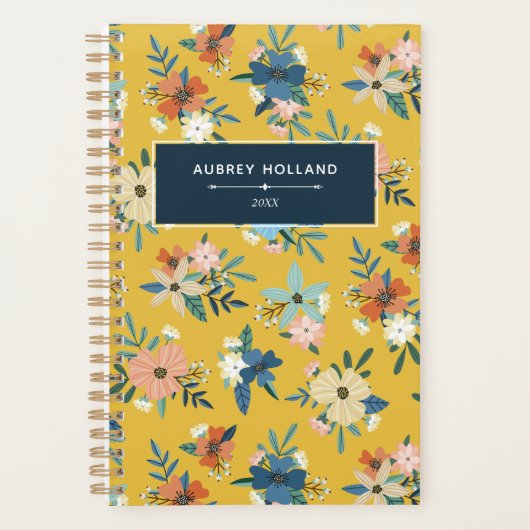 Retro-Blume Blush Yellow Blue Floral Muster Planer (Vorderseite)