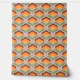 Retro Blume braun und Orangen auf hellem Hintergru Tapete