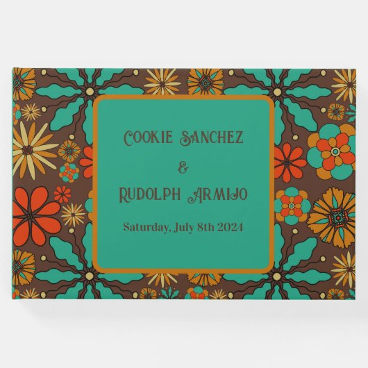 Retro Blume Brown Aquamarin Rote Blumenbäume 60er Gästebuch (Vorderseite)