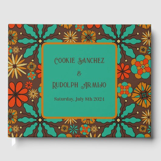 Retro Blume Brown Aquamarin Rote Blumenbäume 60er Gästebuch (Vorderseite)