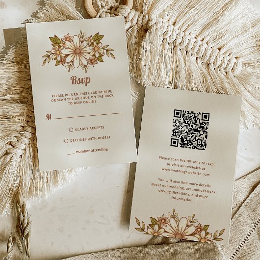 Retro-Blume | Combo QR Code und Traditionelle RSVP Karte
