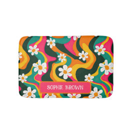 Retro-Blume Farbiges 70er-Muster mit Name Badematte