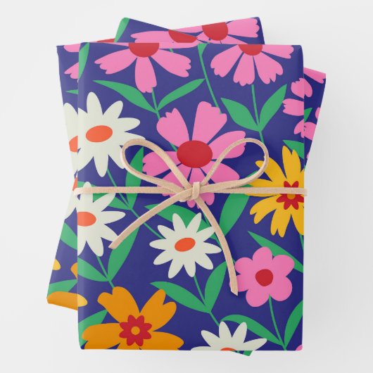 Retro Blume Garden Pattern auf Navy Blue Geschenkpapier Set (Beispiel)