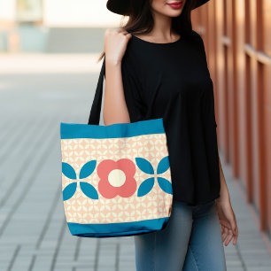 Retro-Blume, Geo-Muster Koralle, Blau, Pfirsich Tragetaschen Mit Langen Trägern