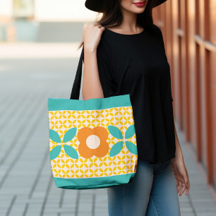 Retro-Blume, Geo-Muster Orange, Türkis, Pink Tasche