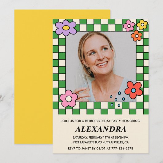 Retro Blume Groovy Foto 53. Geburtstag Einladung (Vorne/Hinten)