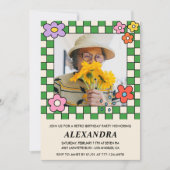 Retro Blume Groovy Foto 98. Geburtstag Einladung (Vorderseite)