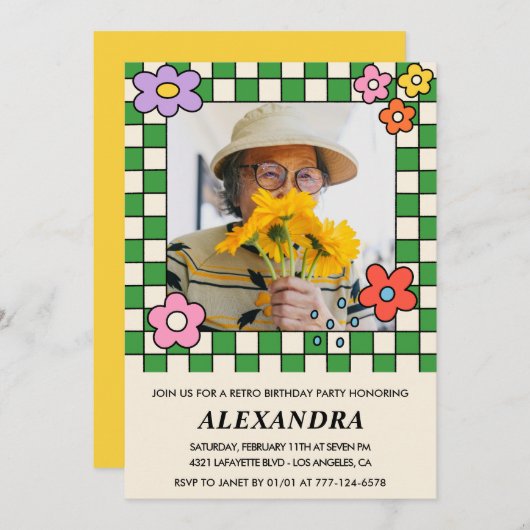 Retro Blume Groovy Foto 98. Geburtstag Einladung (Vorne/Hinten)