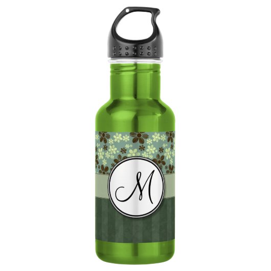 Retro-Blume, grün mit Streifen und Monogramm Trinkflasche (Vorderseite)