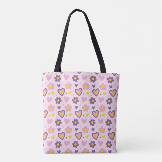Retro-Blume Herz Muster rosa, Lila, gelb Tasche (Rückseite)
