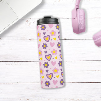 Retro-Blume Herz Muster rosa, Lila, gelb Thermosbecher