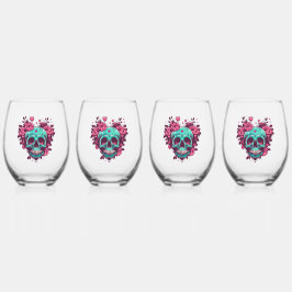 Retro Blume Herz Rockabilly Skull Weinglas Ohne Stiel