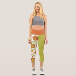 Retro Blume Hippie Orange Green Capri Leggings