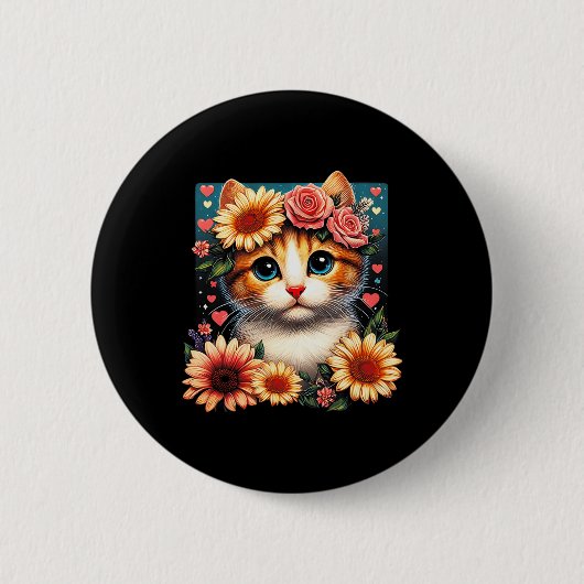 Retro Blume Katze Liebe Kite mit Blume Anim Button (Vorderseite)