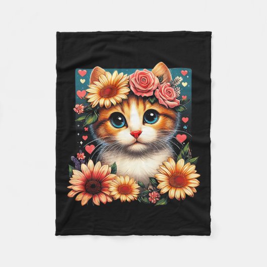 Retro Blume Katze Liebe Kite mit Blume Anim Fleecedecke (Vorderseite)