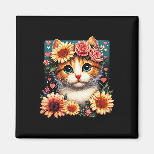 Retro Blume Katze Liebe Kite mit Blume Anim Magnet (Vorne)