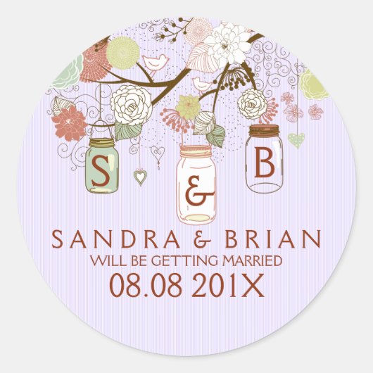 Retro-Blume & Lavendelstreifen hängen Mason Jar Runder Aufkleber (Vorderseite)