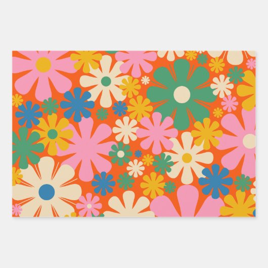 Retro-Blume Mehrfarbiger 60er 70er Blumenmuster Geschenkpapier Set (Vorderseite 3)