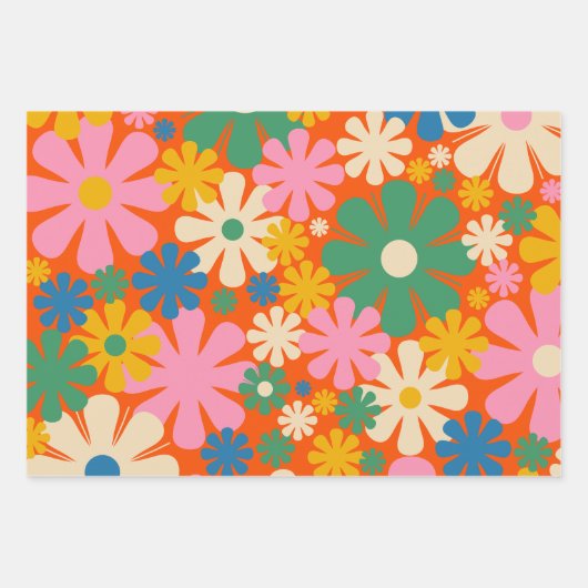 Retro-Blume Mehrfarbiger 60er 70er Blumenmuster Geschenkpapier Set (Vorderseite 2)